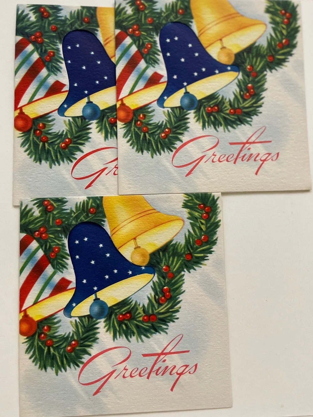 4 Vintage Christmas cards with snowman and bell designs